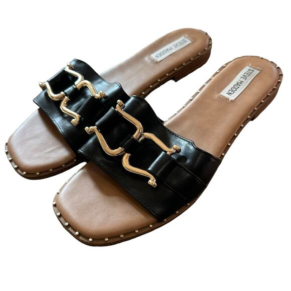 Steve Madden | Size 10 Alita Slip on Slide Sandals Gold Tone Black Hardware - Picture 3 of 11